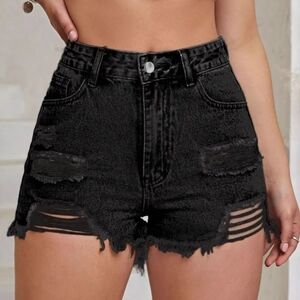 Distressed Raw Hem High Waist Denim Shorts